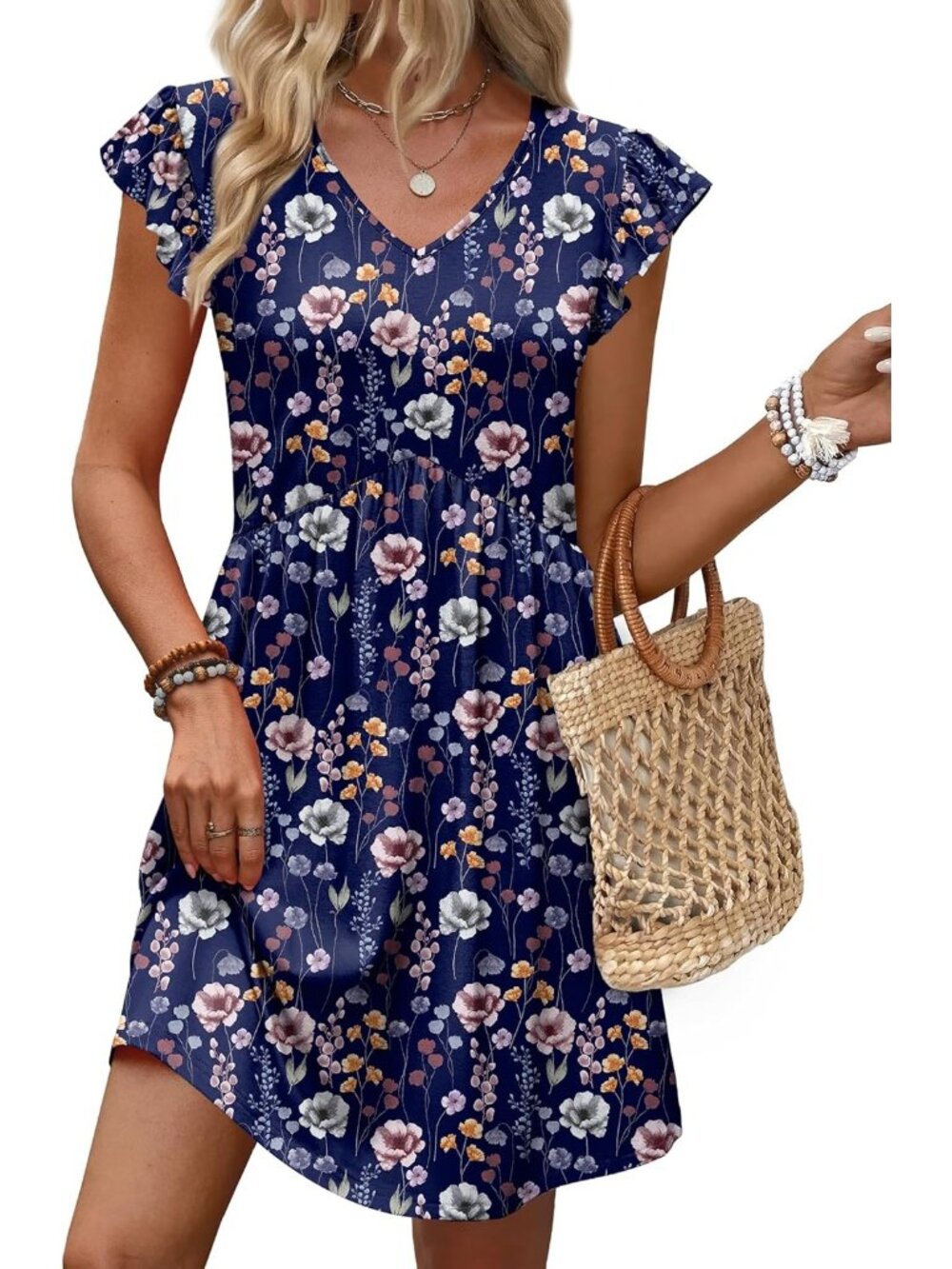 Women's Floral Navy Blue Ruffle Sleeve Baby Doll V Neck Imported Causal Dress